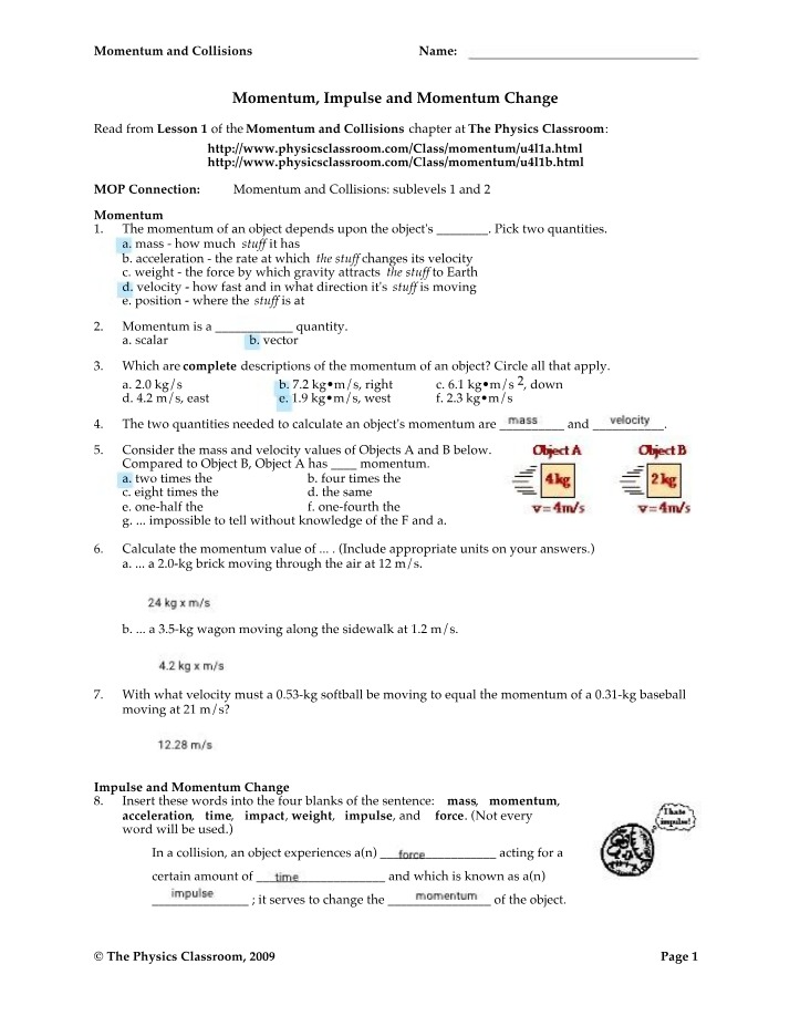 Concepts, Calculations, and Problems - Momentum and Collisions