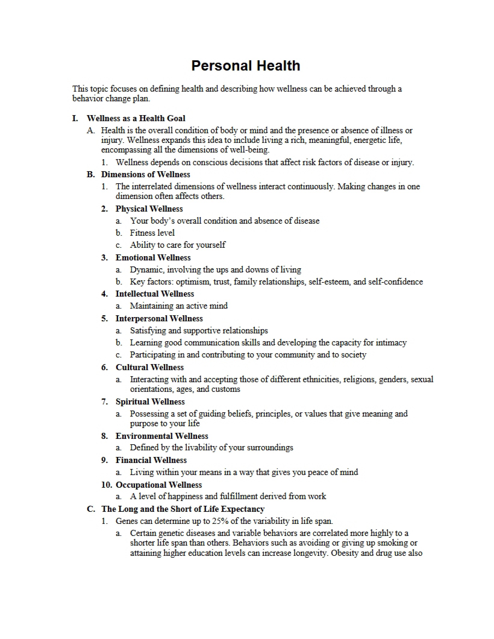 Personal Health Outline