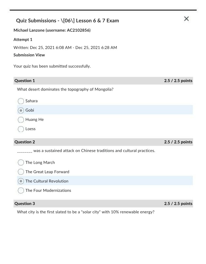 Geography of East Asia - Quiz Submission for Lessons 6 and 7