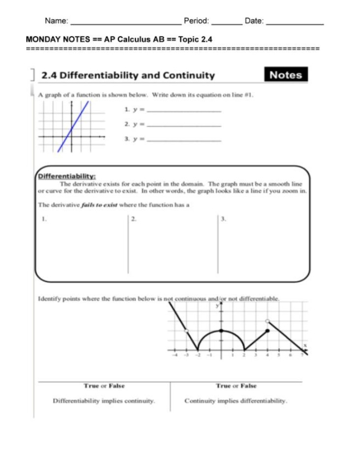Differentiability and Continuity - Topic 2.4 Notes