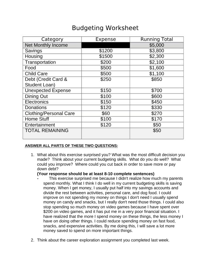 College Algebra Budgeting Worksheet