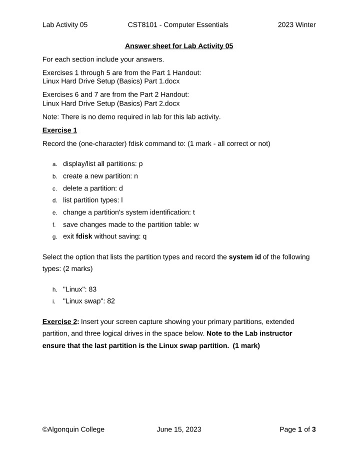 Answer Sheet for Lab Activity 05