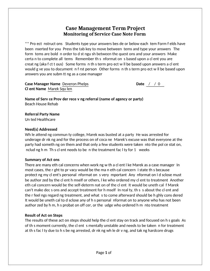 Marek Squilen Case - Ethical Concerns and Treatment Plan