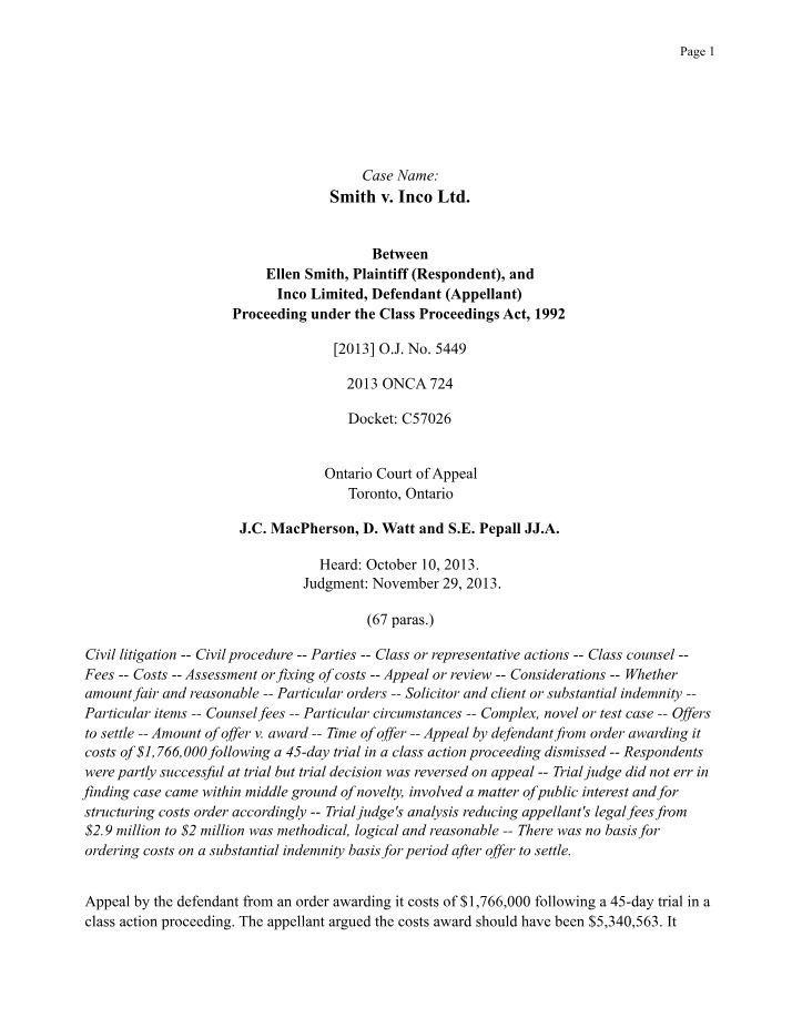 Legal Case Analysis - Smith v. Inco Ltd. Costs Award