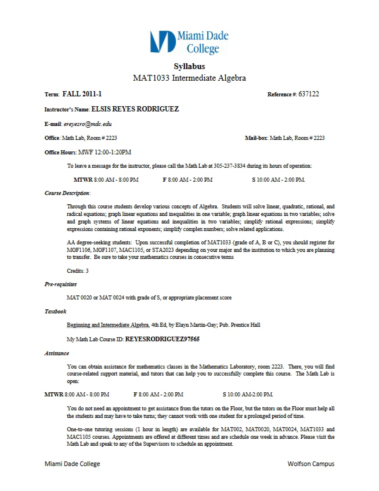 Intermediate Algebra Syllabus - Intermediate Algebra