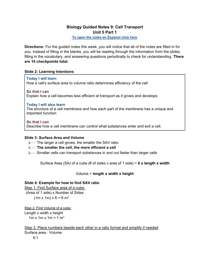 Guided Notes 9 - Cell Transport