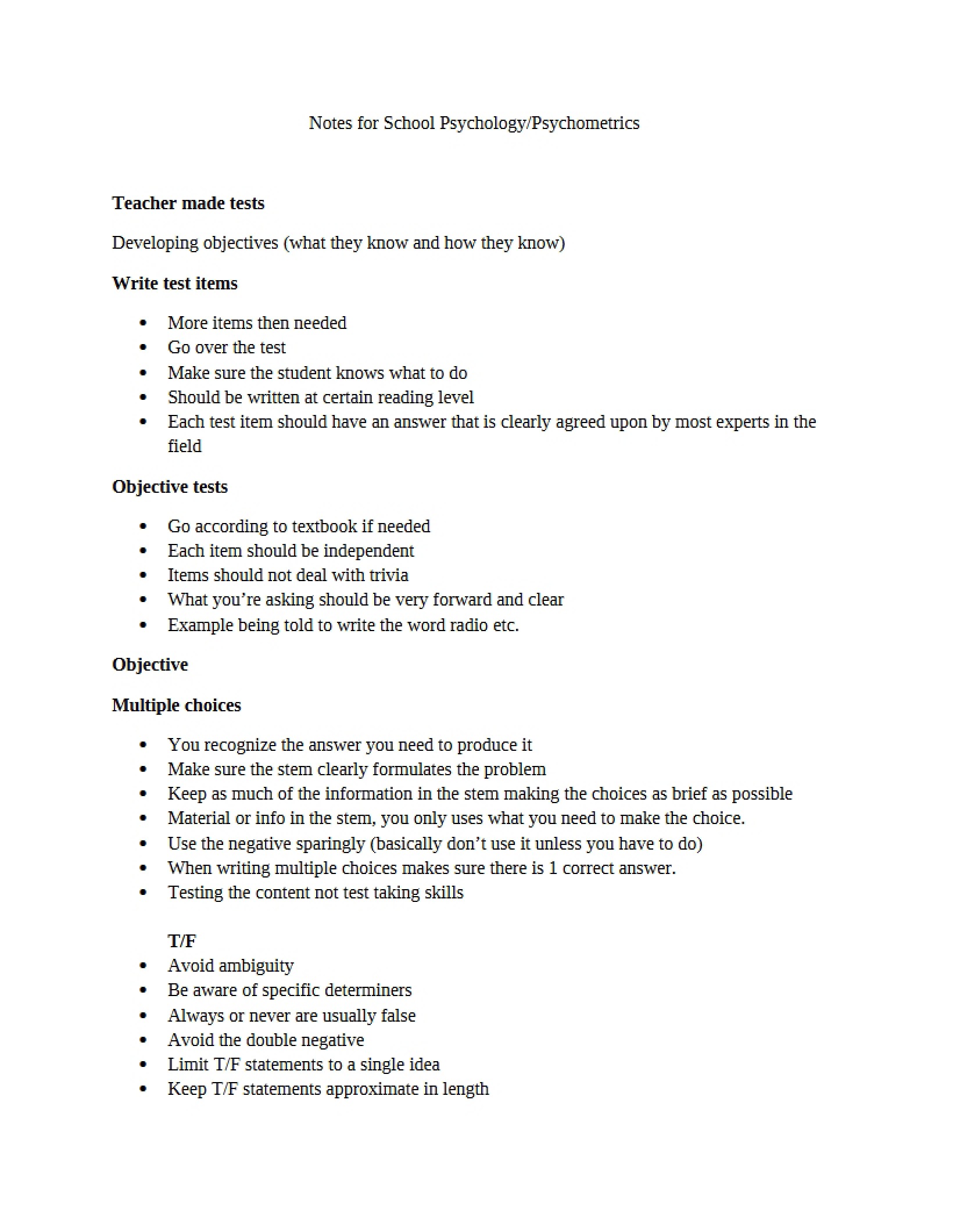 Psychometrics Notes for School Psychology