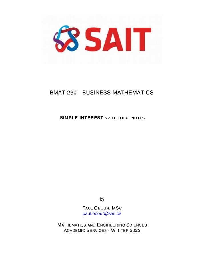 BMAT230 Lecture Notes - Simple Interest