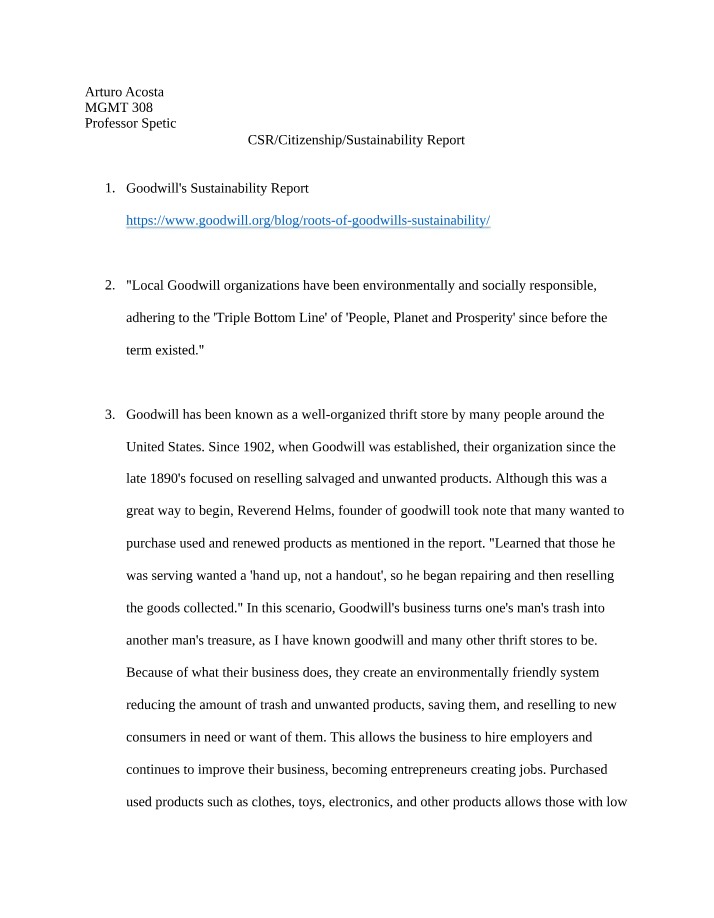 Goodwill's CSR, Citizenship, and Sustainability Analysis