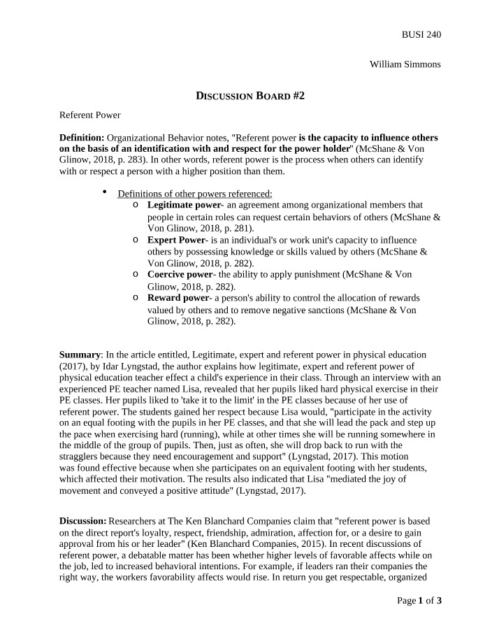 Discussion Board on Referent Power