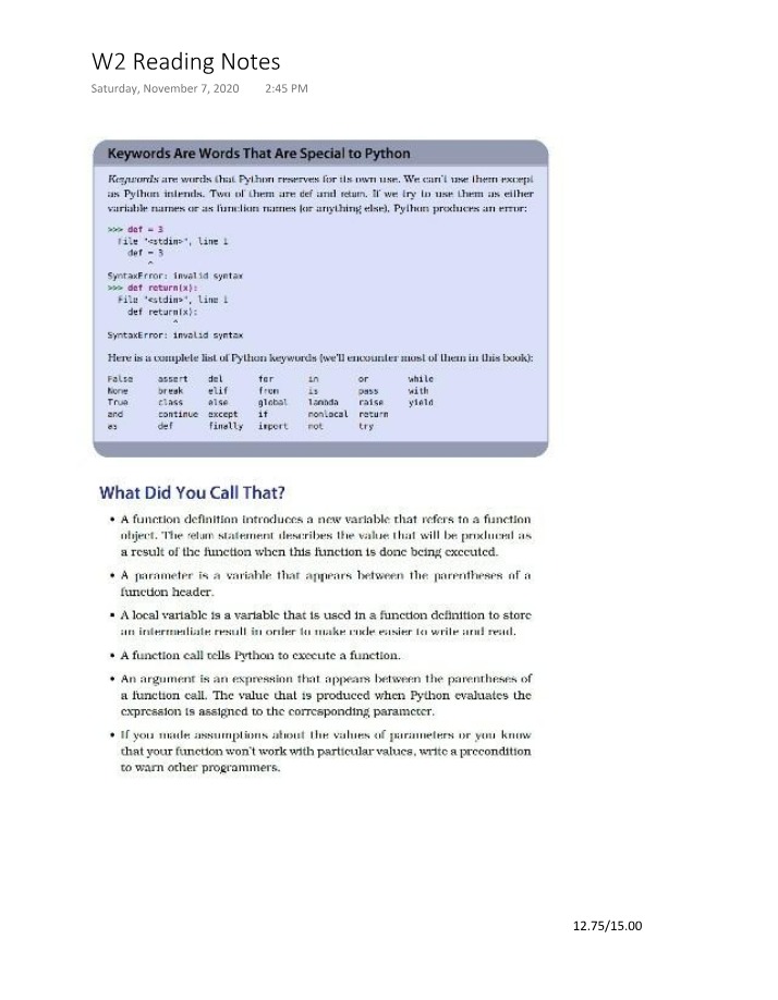 Quiz and Reading Notes on Python Functions