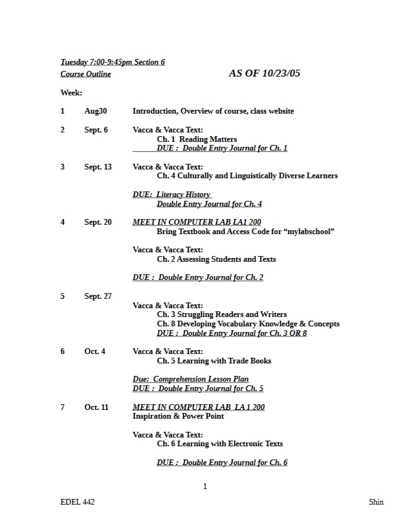 Fall 2005 Course Outline (Tuesday)