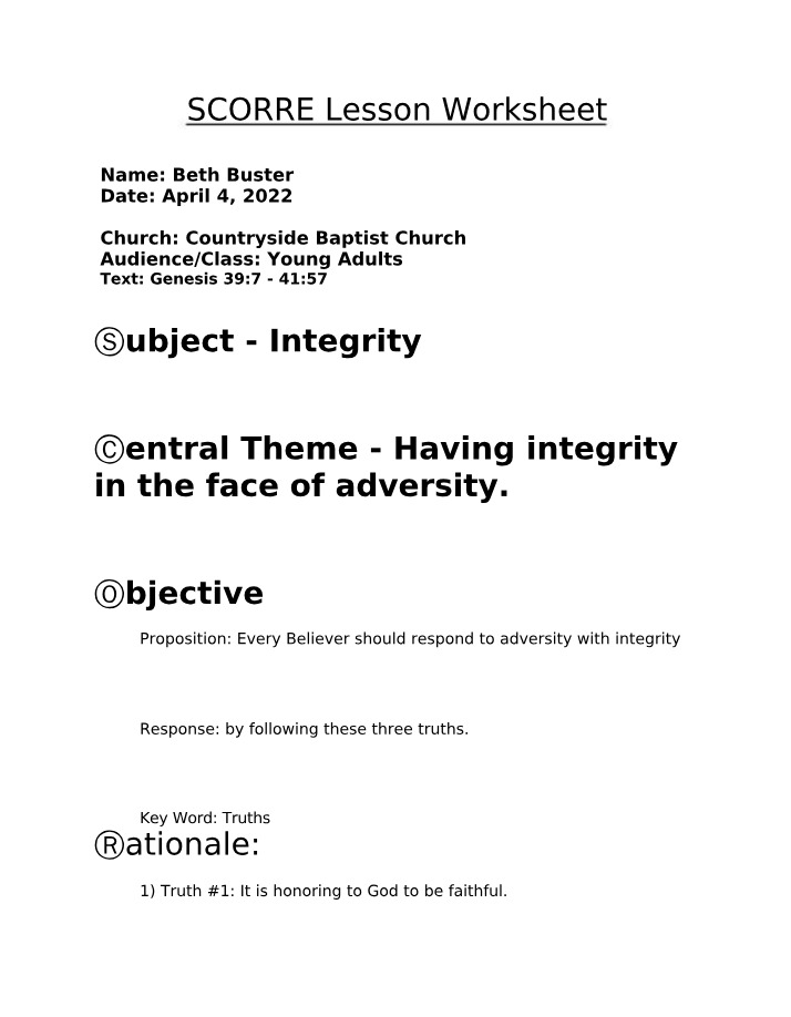 Worksheet for SCORRE Lesson