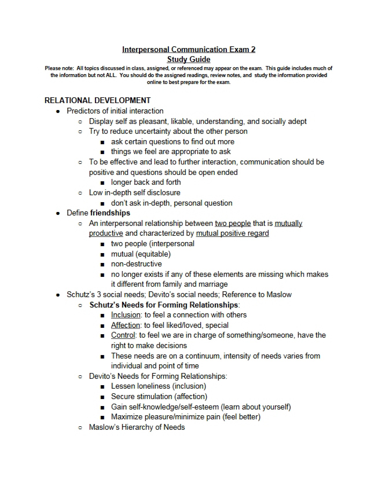 Interpersonal Comm Study Guide