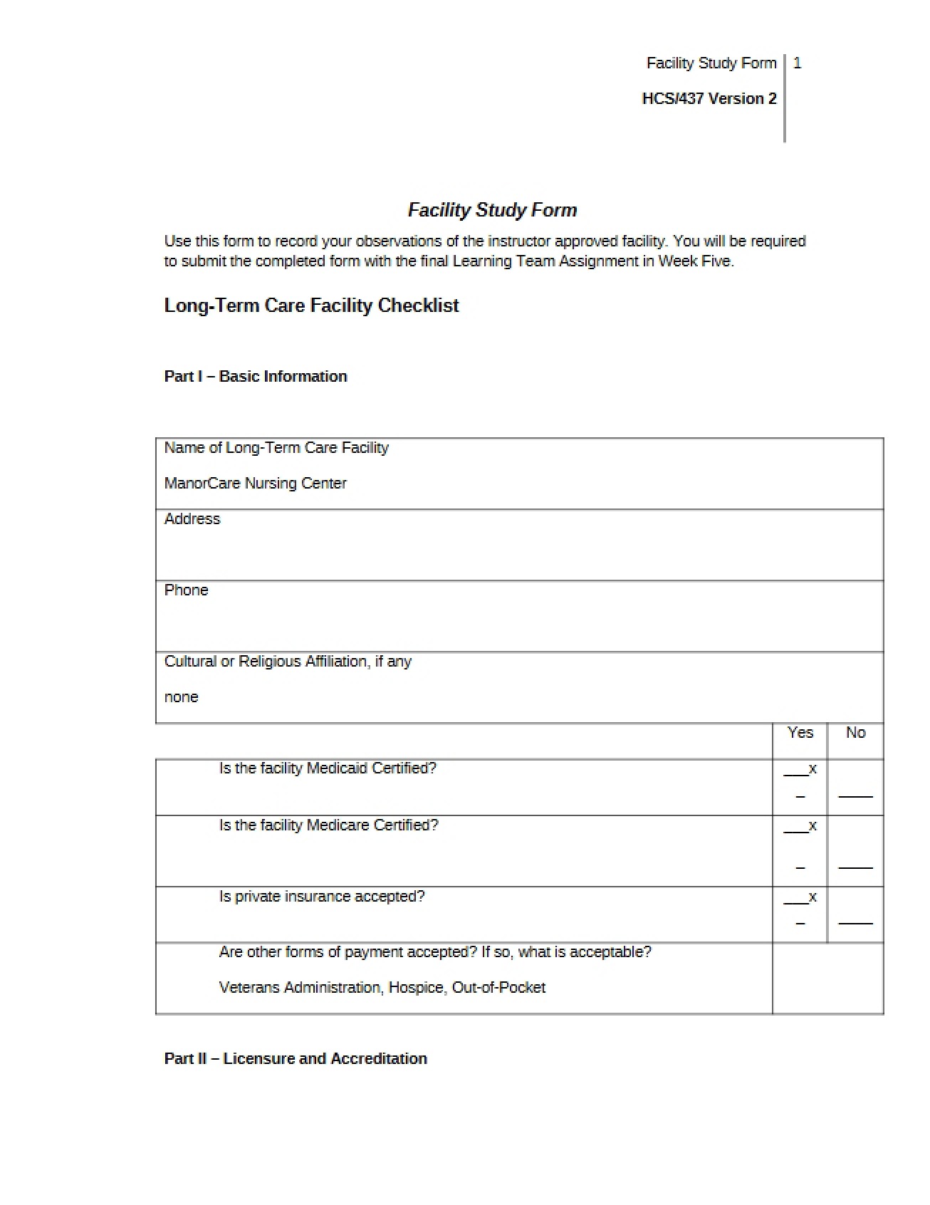 Form for Analyzing Facilities