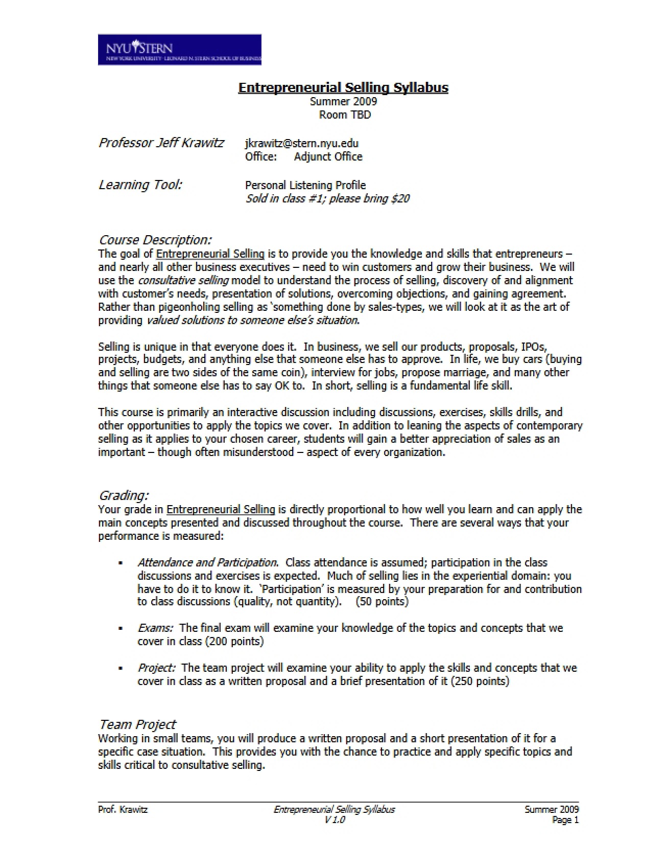 Course Outline for Entrepreneurial Selling