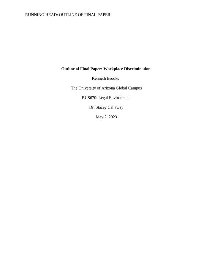 Final Paper Outline for Workplace Discrimination