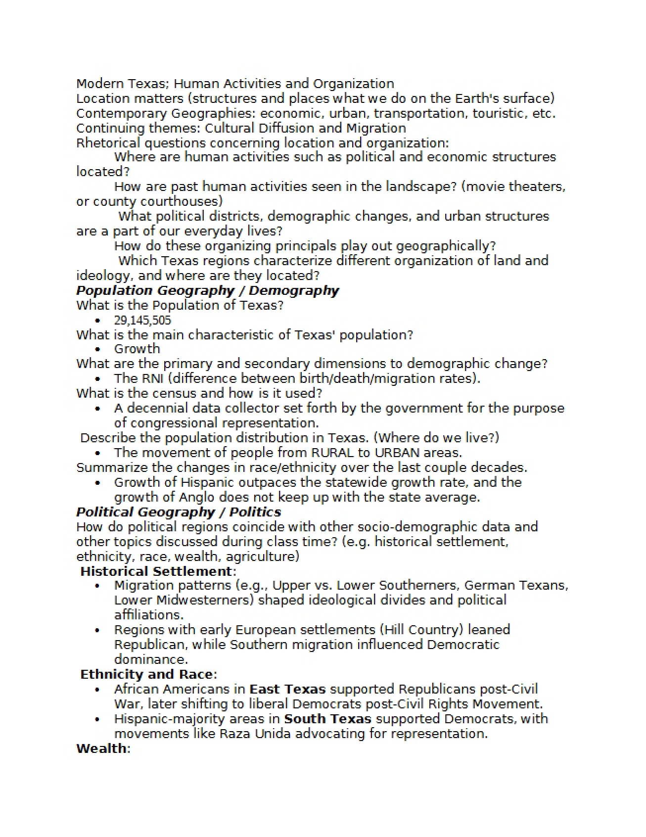 Examination of Modern Texas Human Activities and Organization