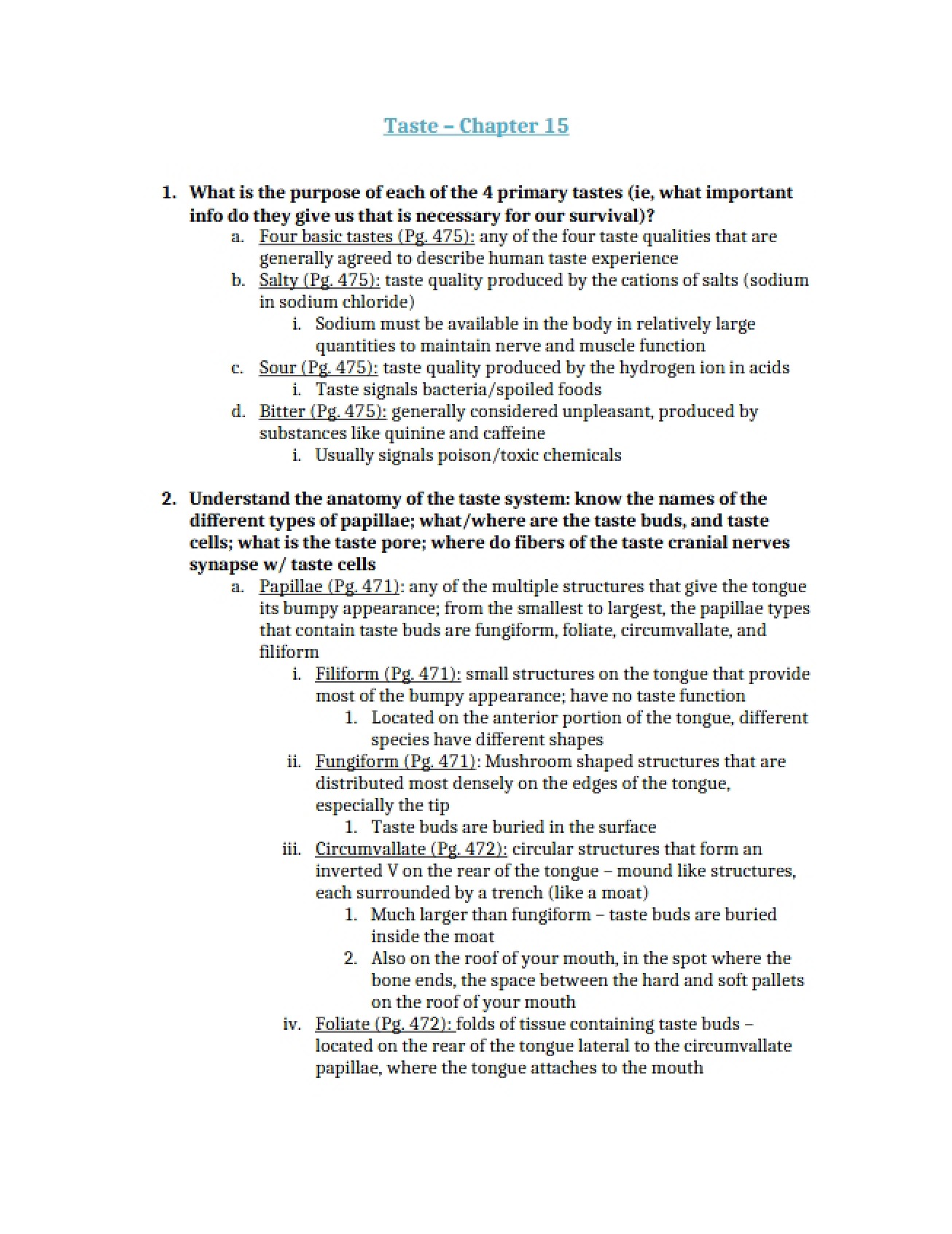 Chapter Fifteen Summary on the Sense of Taste