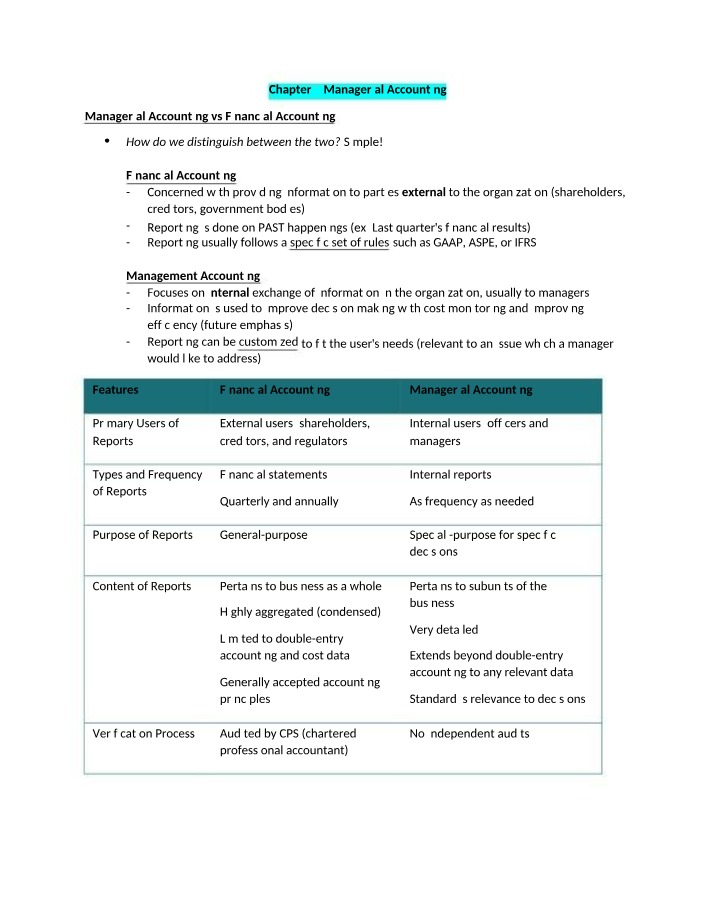 Managerial Accounting Notes - Chapters 7, 8, and 9