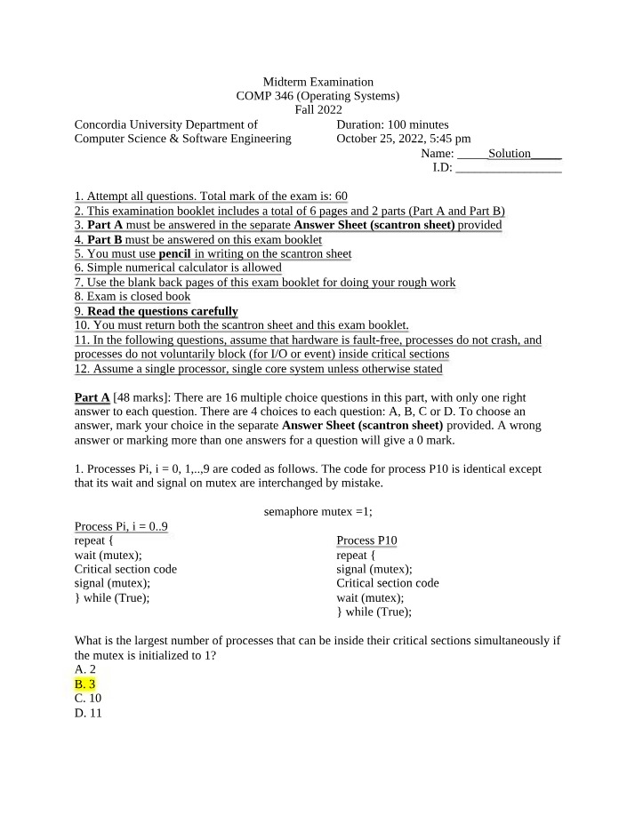 Midterm Examination for Operating Systems