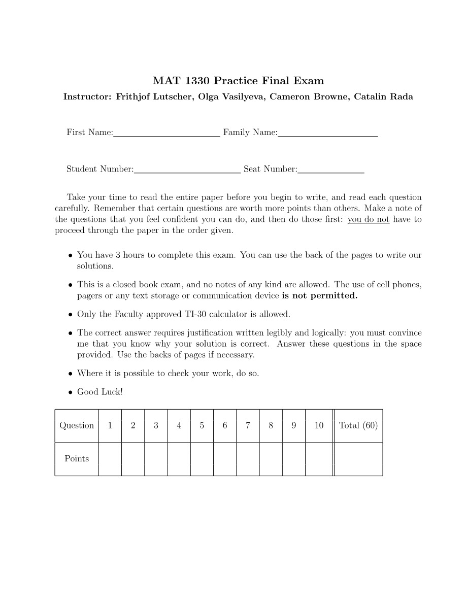 MAT 1330 Practice Final Exam Section B