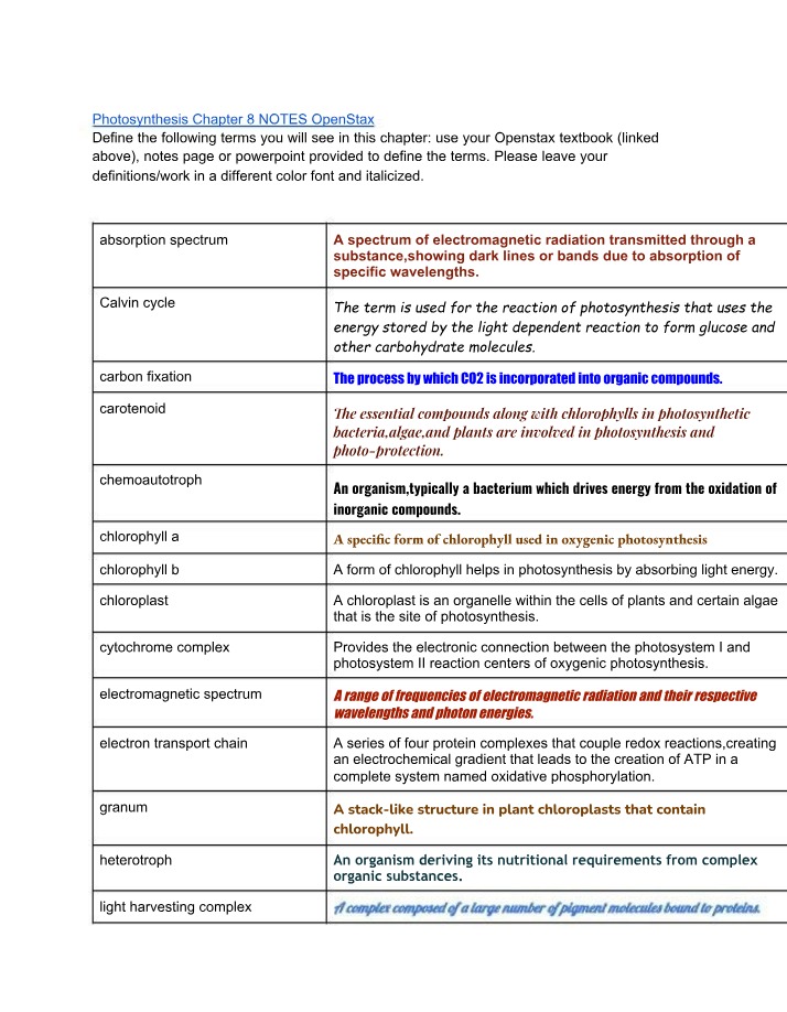 Photosynthesis Key Terms and Processes - Chapter 8