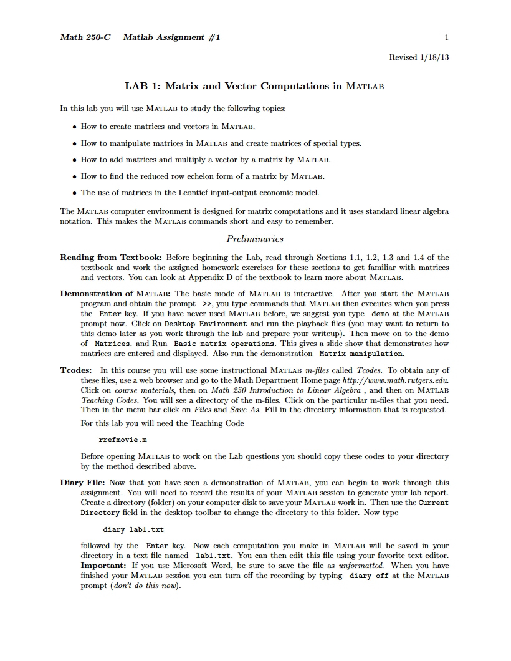 Assignment One Matlab Vector and Matrix Computations