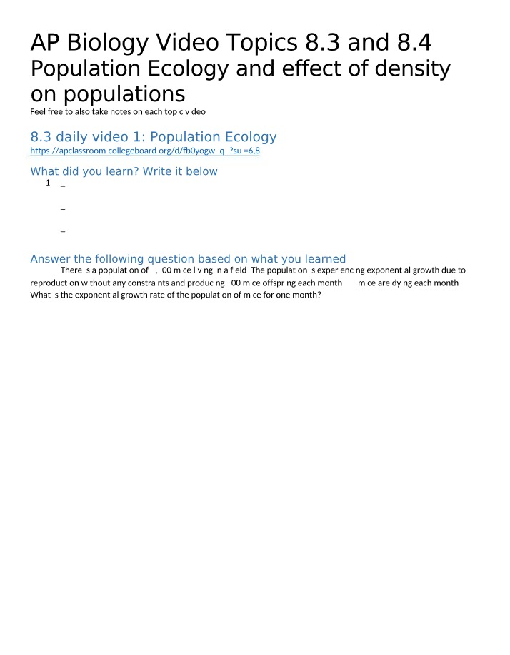Population Ecology - Video Topics 8.3 and 8.4
