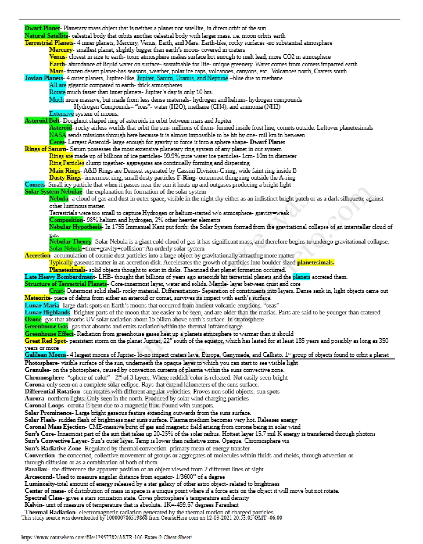 Exam 2 Notes Sheet (ASTR 100)
