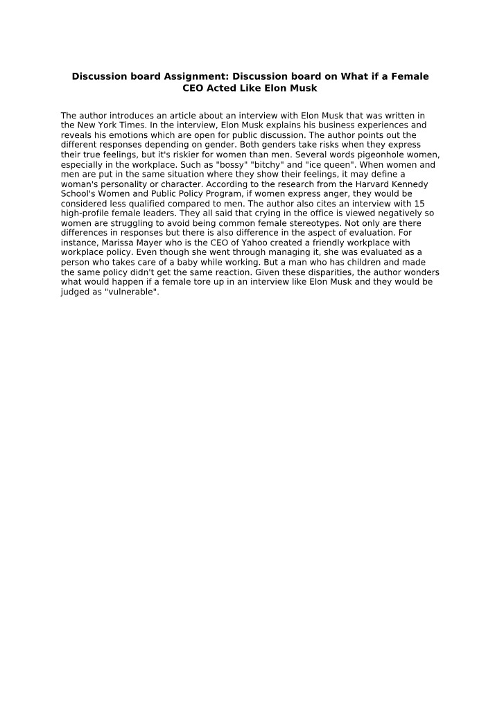 What If a Female CEO Acted Like Elon Musk - Discussion Board Assignment