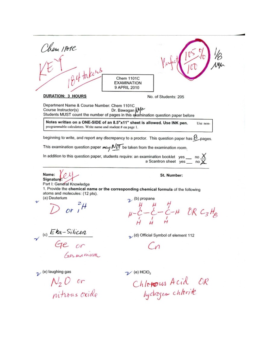 Examination for CHEM1101C