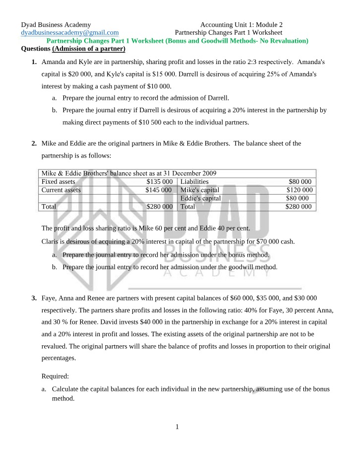 Worksheet for Partnership Changes Part 1
