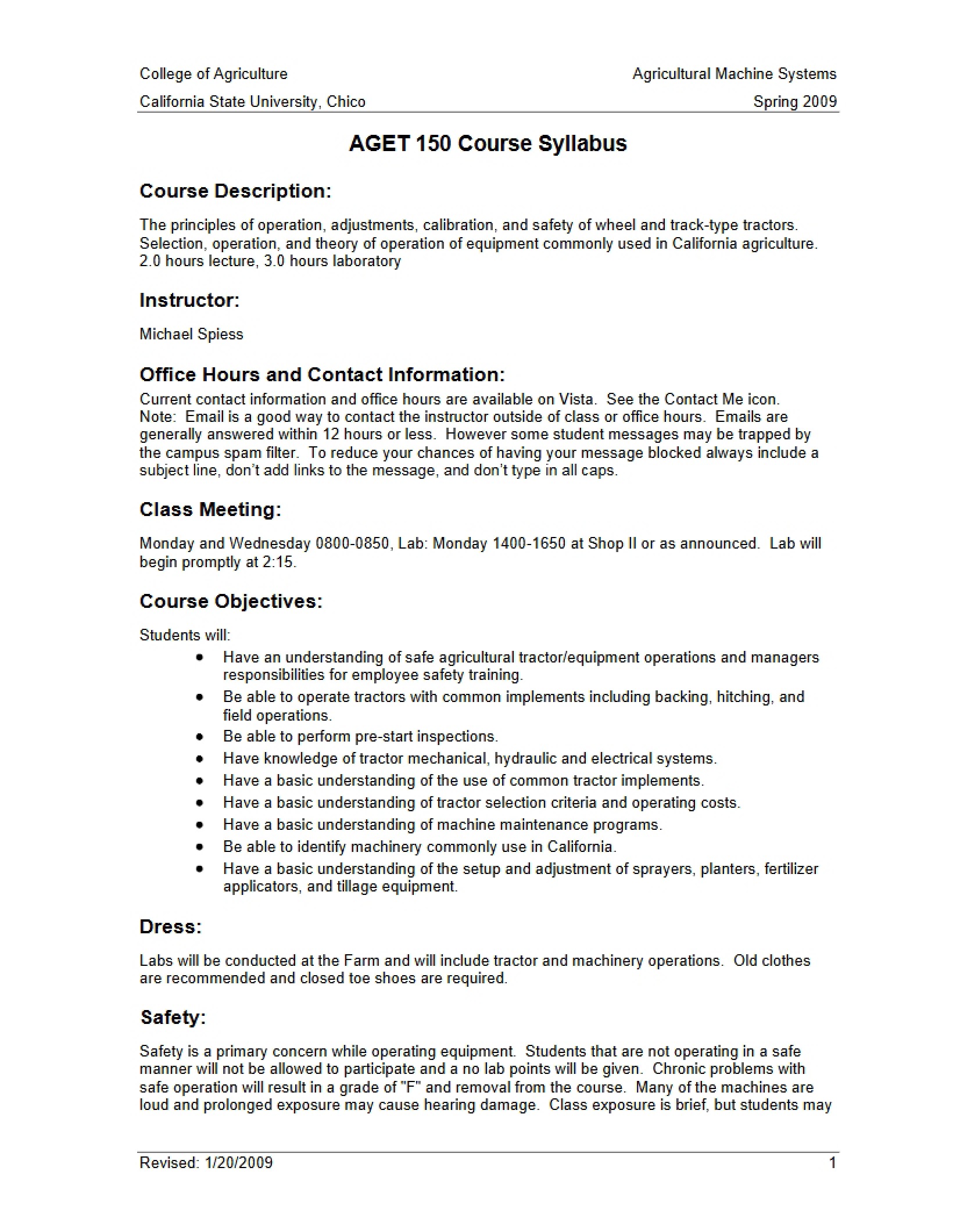 Course Syllabus Ag Machine Systems