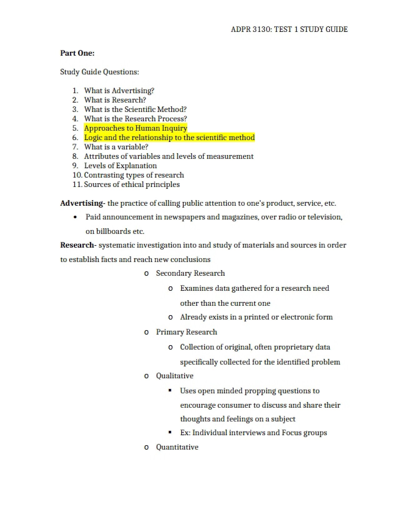 Study Guide for Test 1