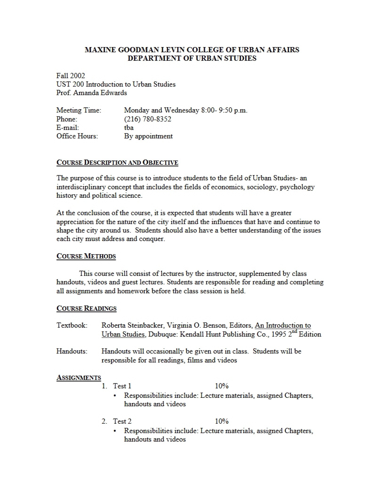Introduction to Urban Studies Course Plan