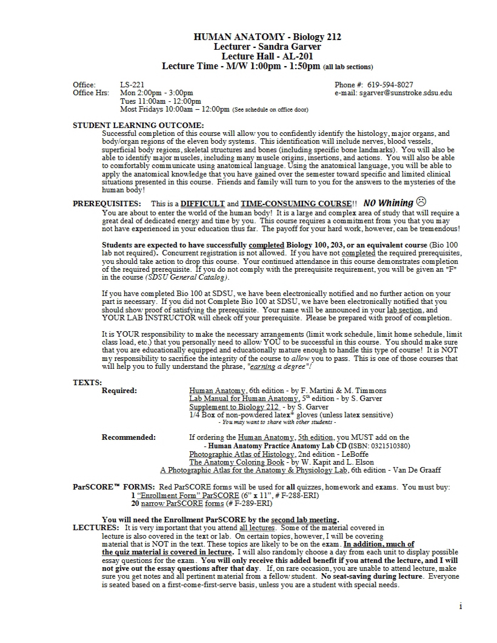 Syllabus for Human Anatomy