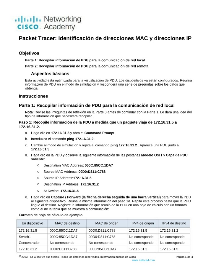 Identificación de direcciones IP y direcciones MAC - Packet Tracer
