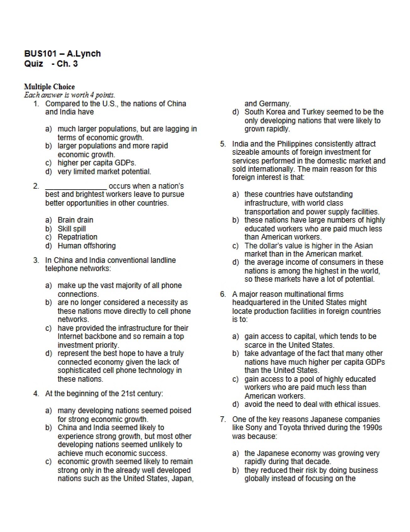 Chapter Three Quiz Business 101