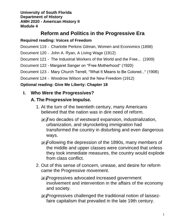Politics and Reform in the Progressive Era