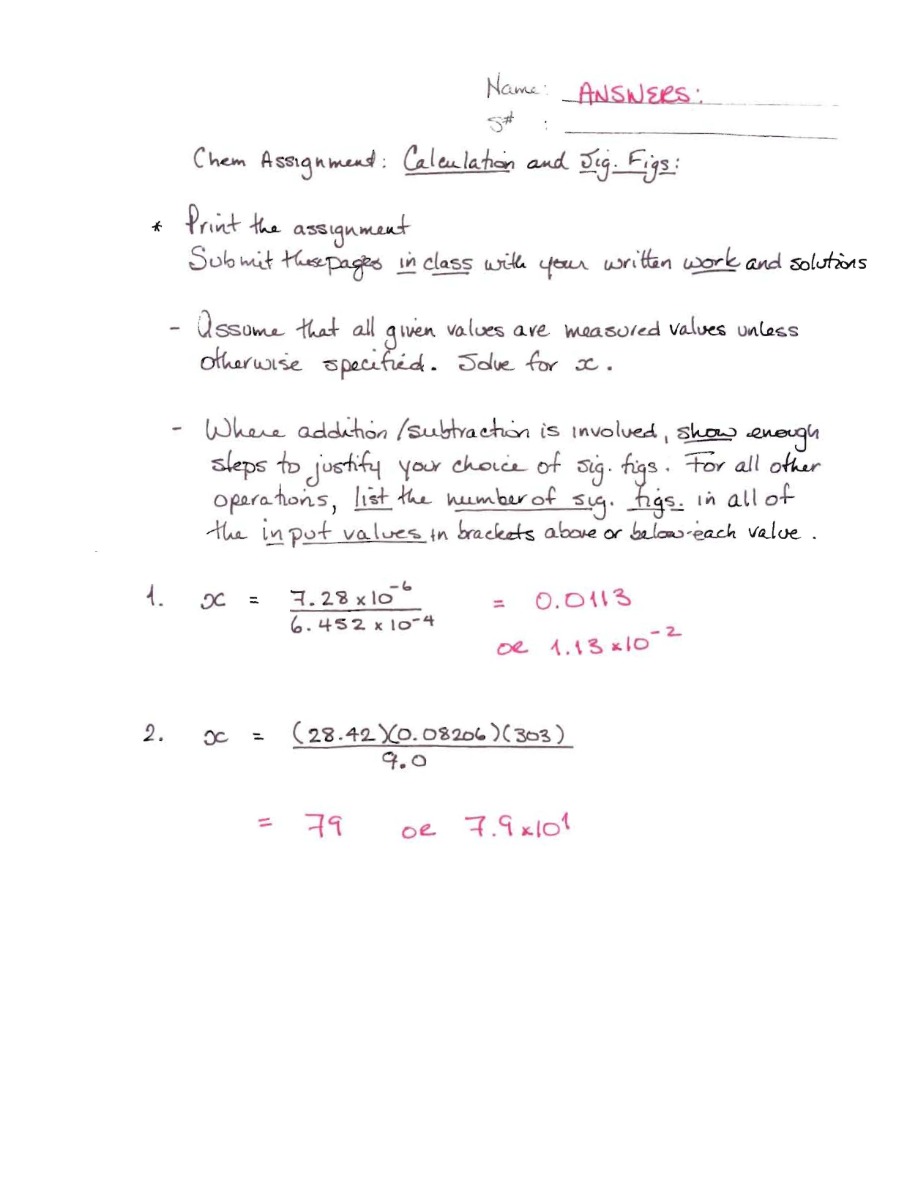 Chem 1101 Sig Figs Calculations Assignment