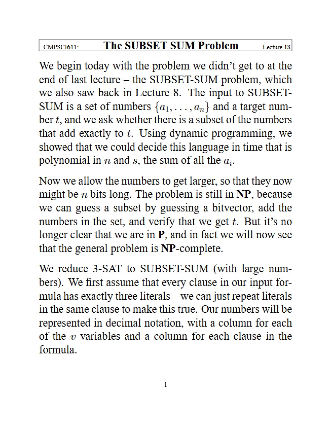 Problem of SUBSET-SUM
