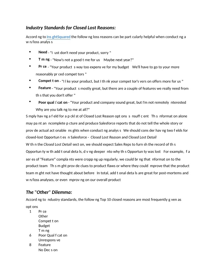 Analysis and Improvements for Closed Lost Reasons