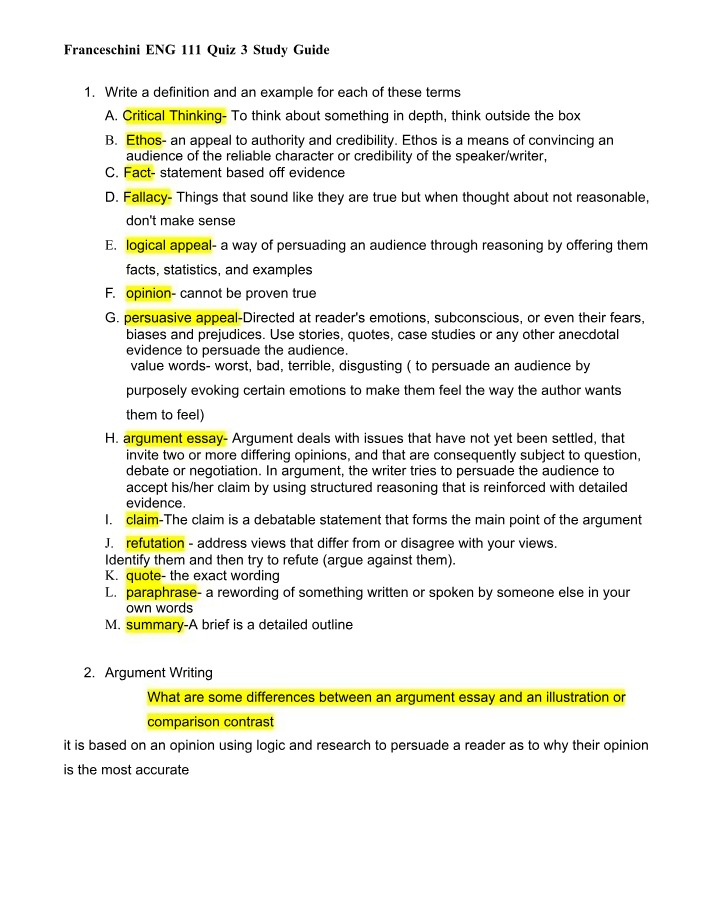 ENG 111 Quiz 3 Study Guide - Franceschini