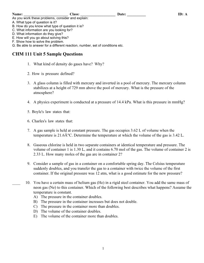 Gas Laws and Pressure - CHM 111 Unit 5 Sample Questions