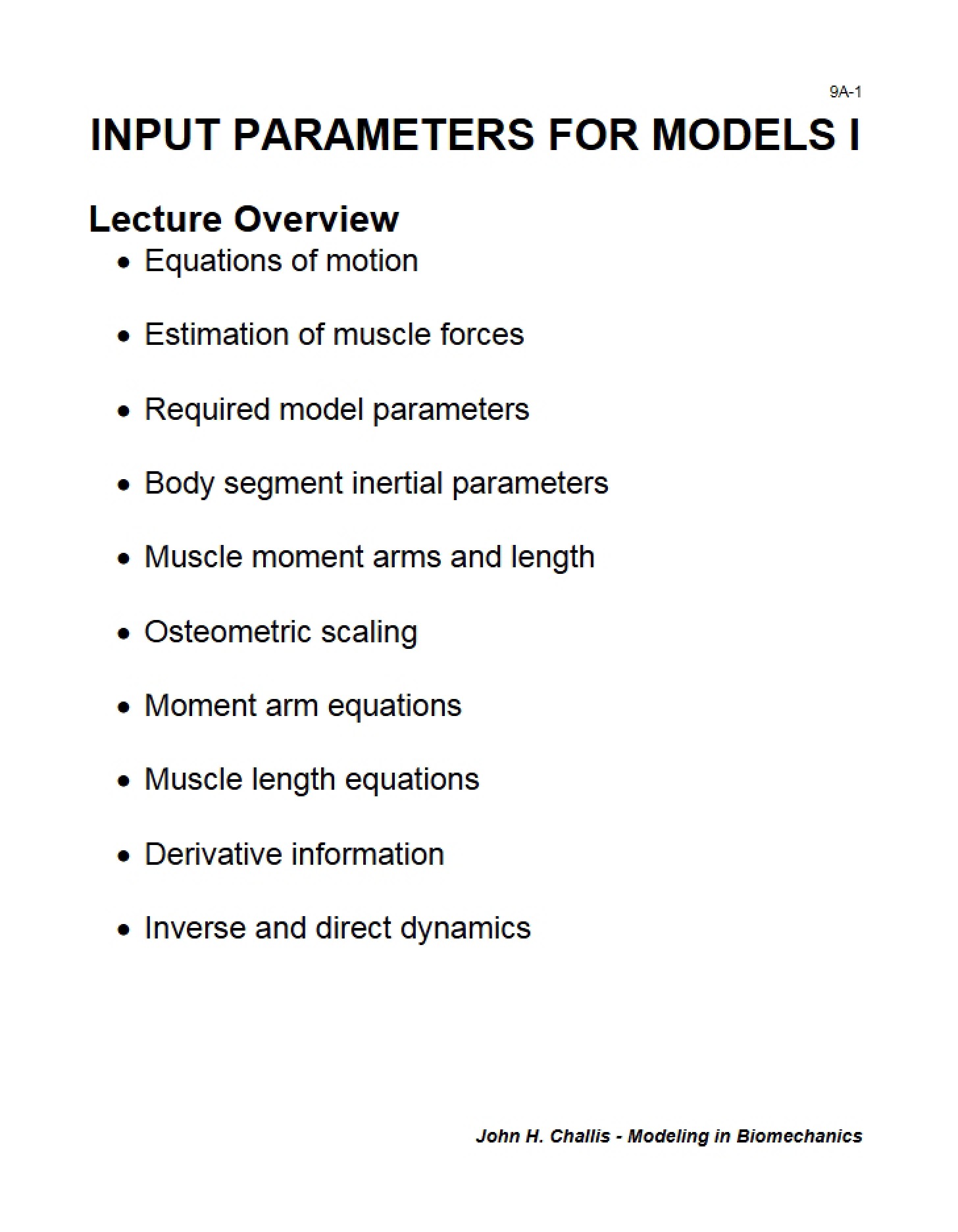 Model Input Parameters (Part 1)