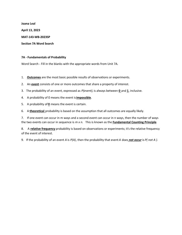 MAT143 Word Search - Fundamentals of Probability