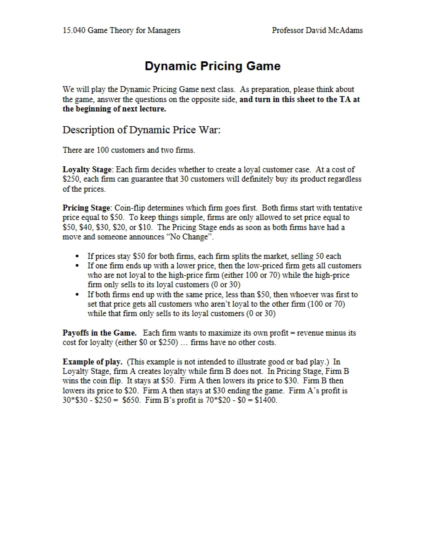Pricing Game (Dynamic)