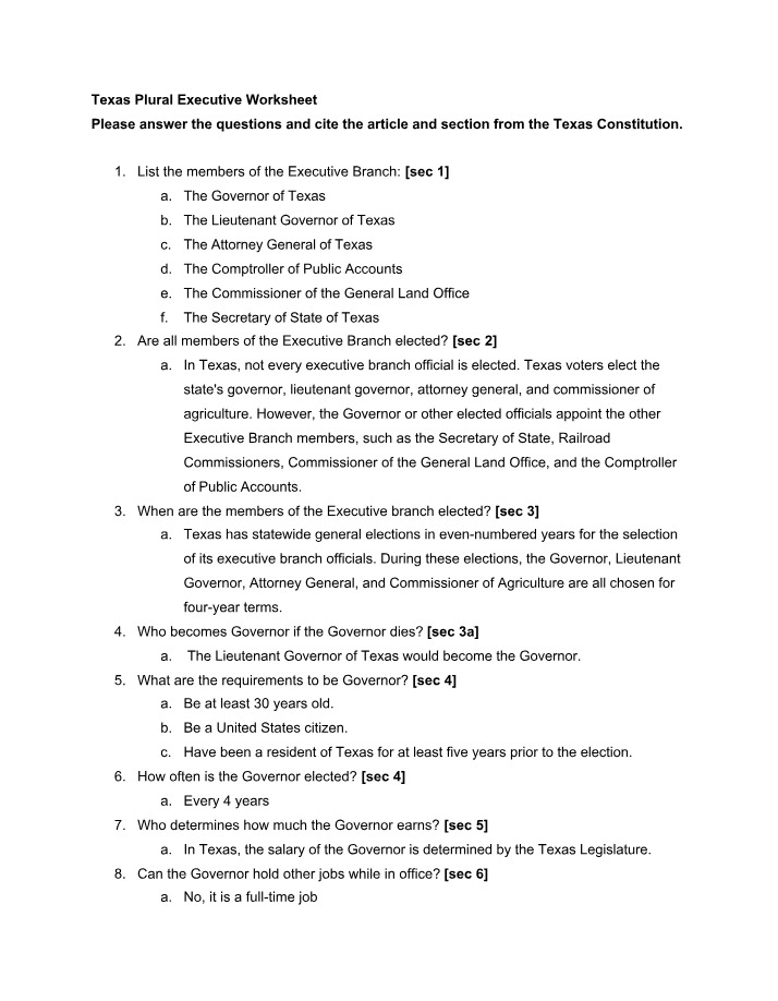 Worksheet on the Texas Plural Executive