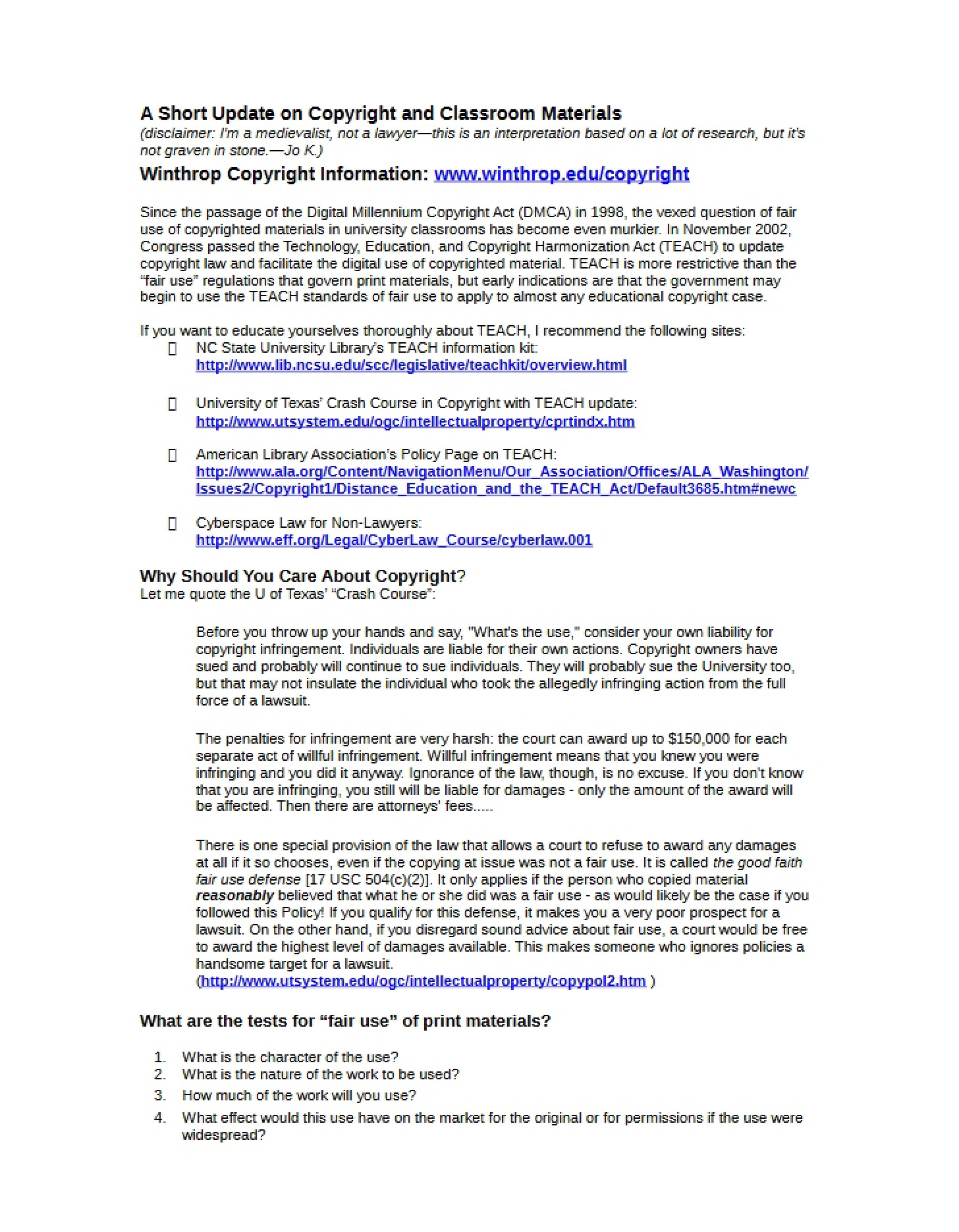 Classroom Materials and Copyright Update